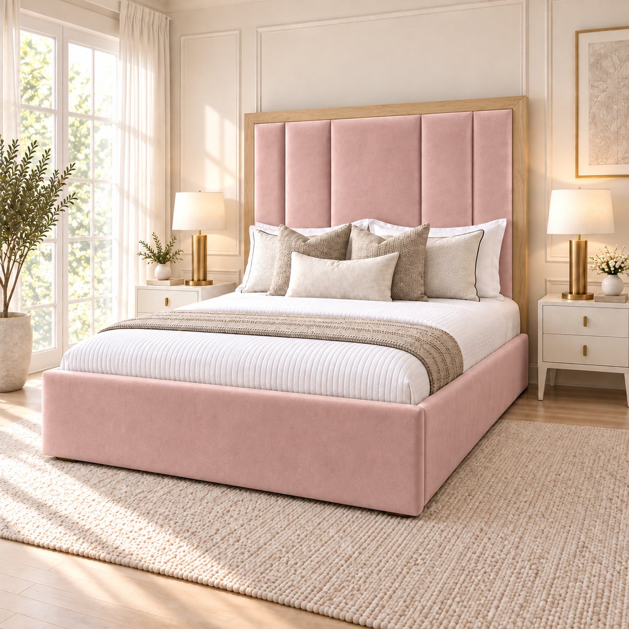 Lucera bed in pink with light oak border, side view
