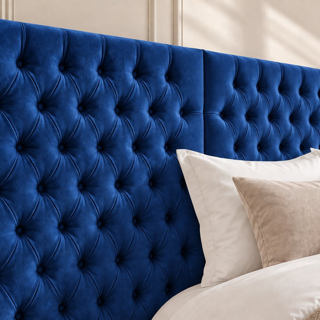 Maratea divan bed in blue, headboard close-up