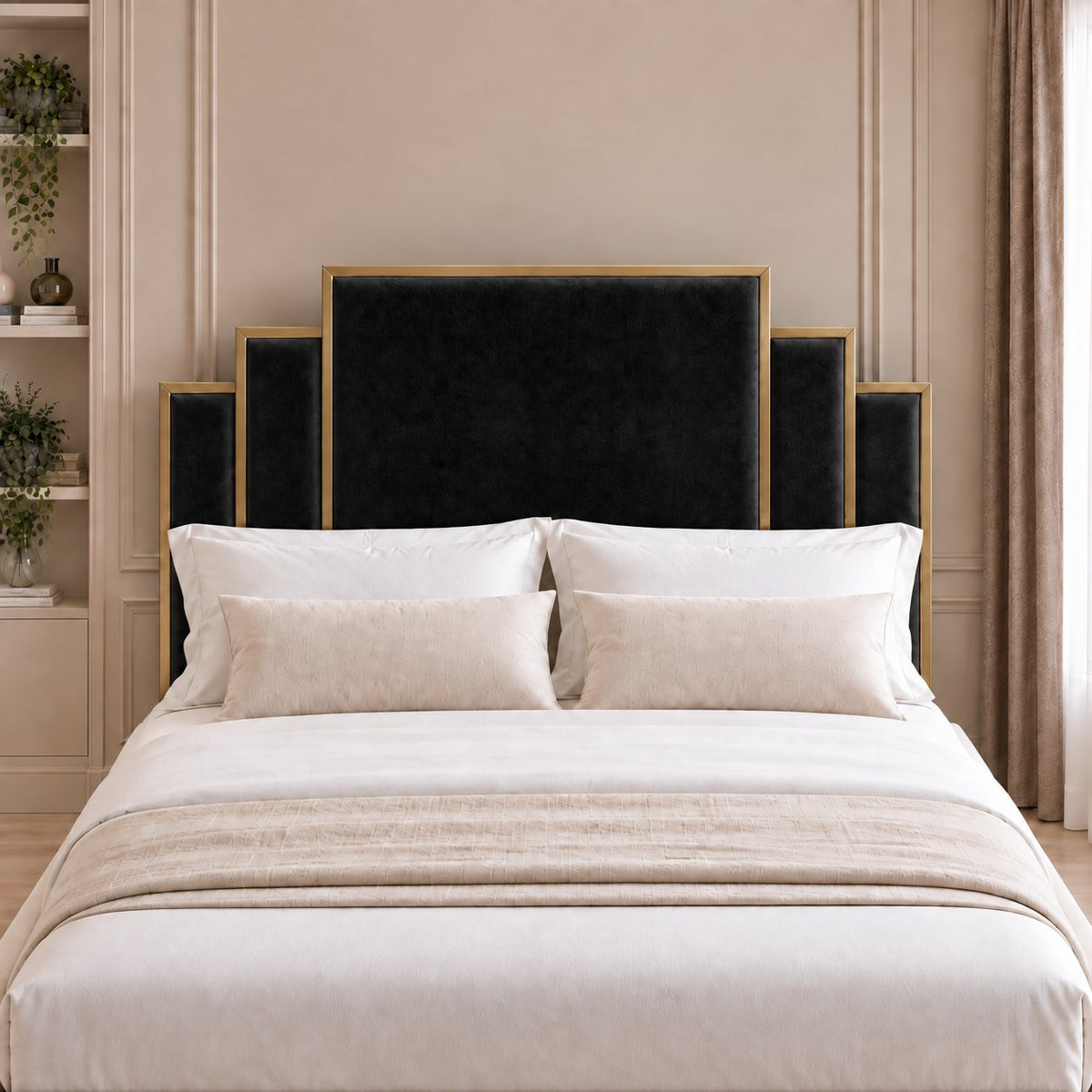 Menaggio bed in black with gold metal frame, headboard close-up