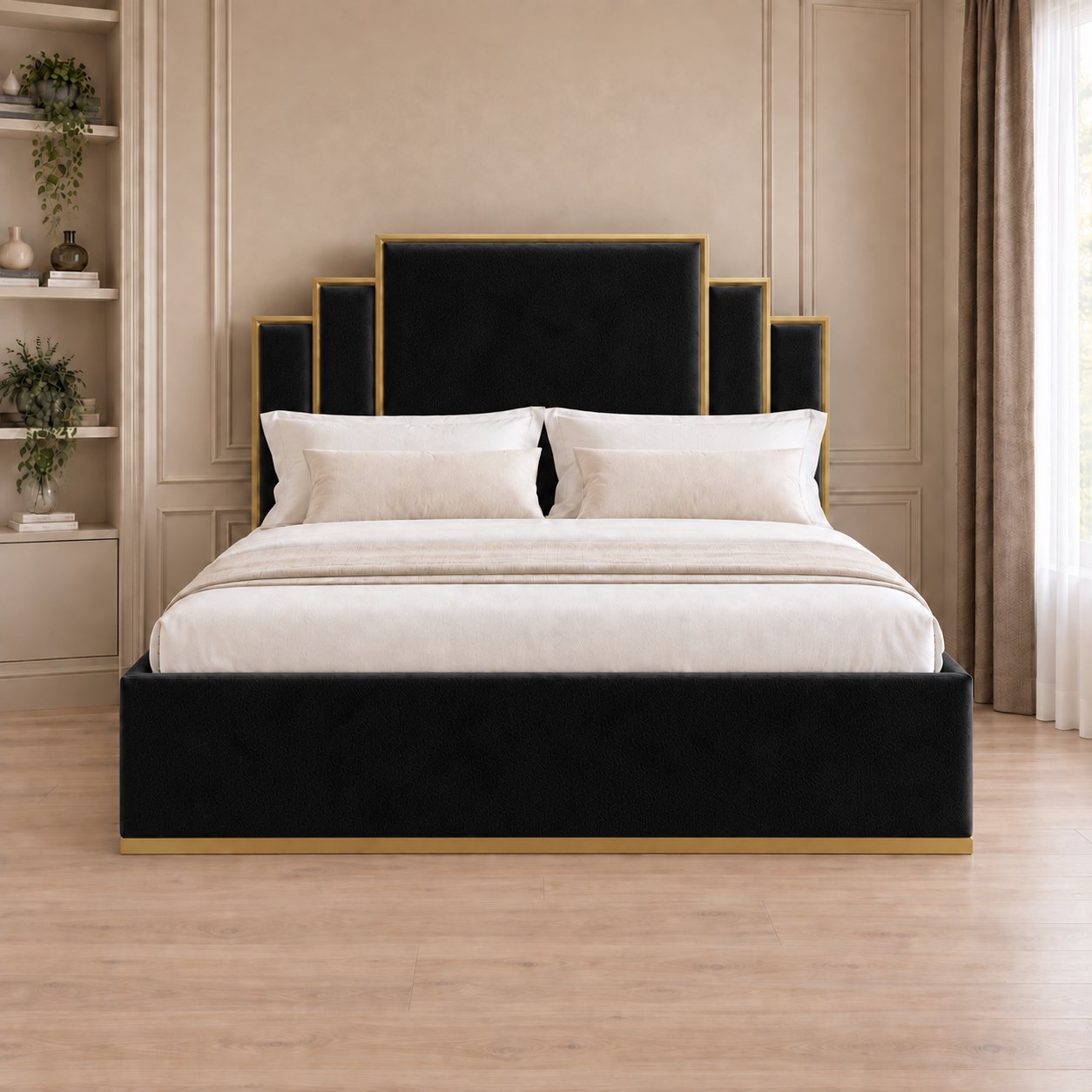 Menaggio bed in black with gold metal frame, front view