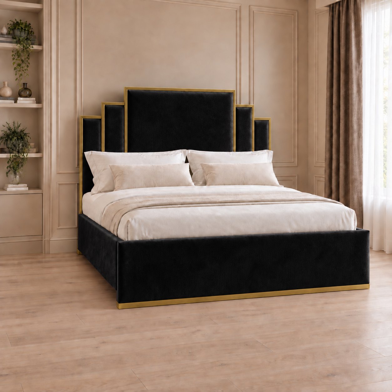 Menaggio bed in black with gold metal frame, side view