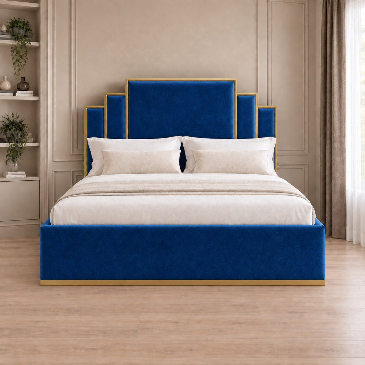 Menaggio bed in blue with gold metal frame, front view