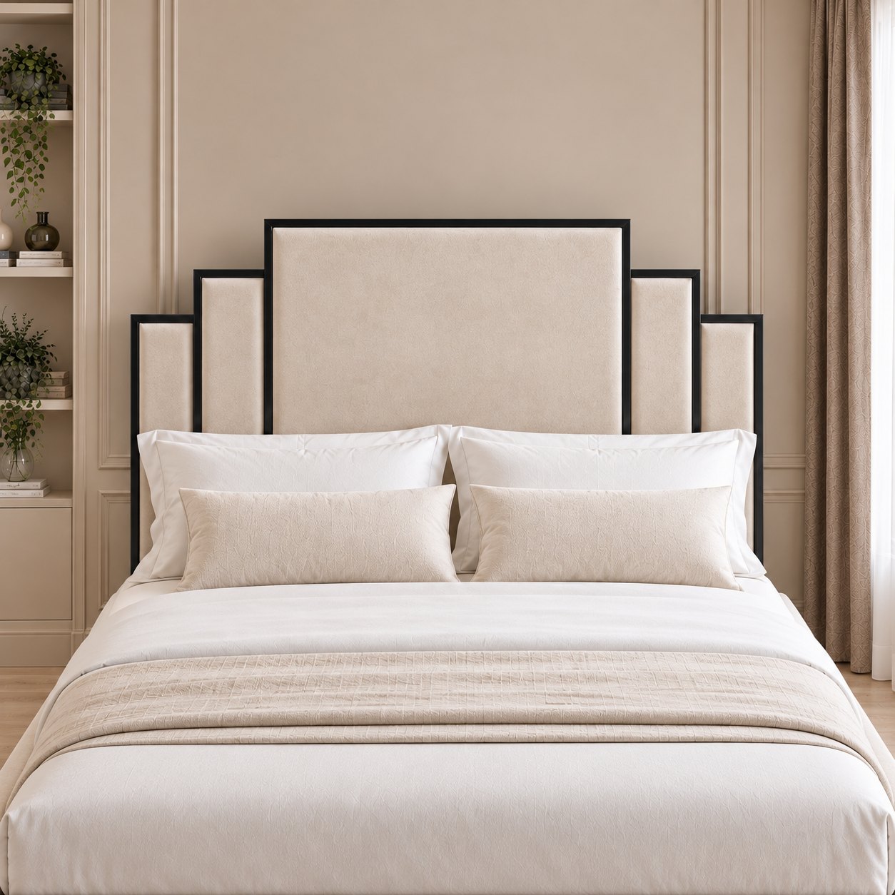 Menaggio bed in cream with black metal frame, headboard close-up