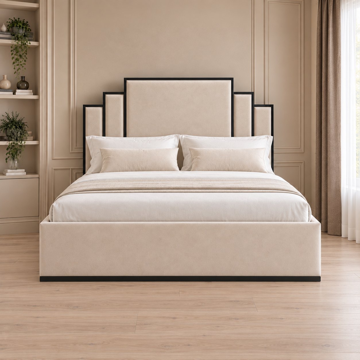 Menaggio bed in cream with black metal frame, front view
