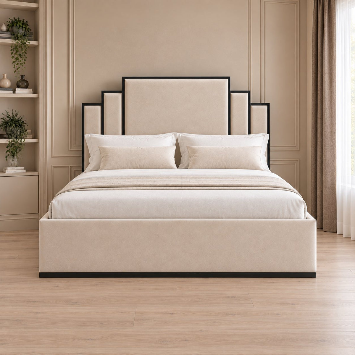 Menaggio bed in cream with black metal frame, front view
