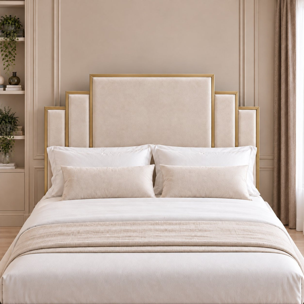 Menaggio bed in cream with gold metal frame, headboard close-up