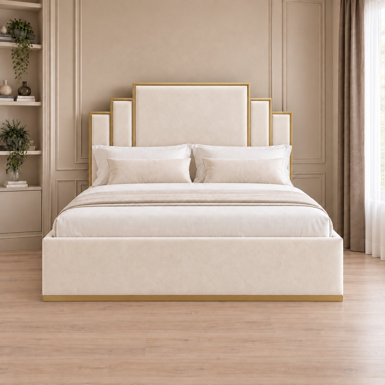 Menaggio bed in cream with gold metal frame, front view