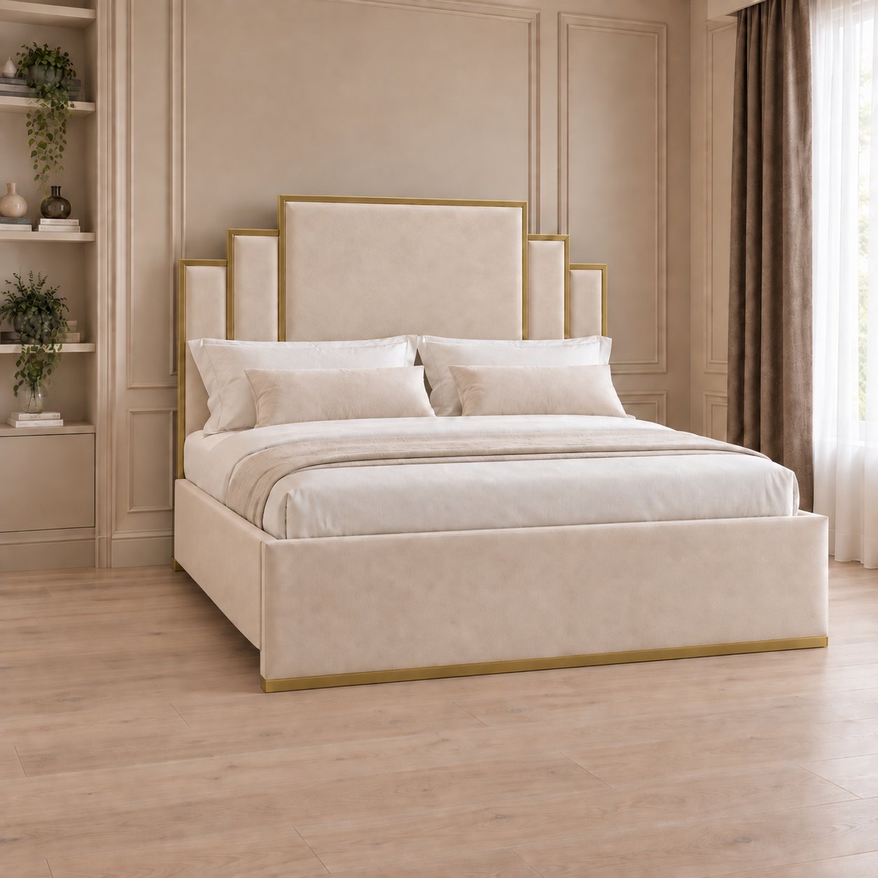 Menaggio bed in cream with gold metal frame, side view