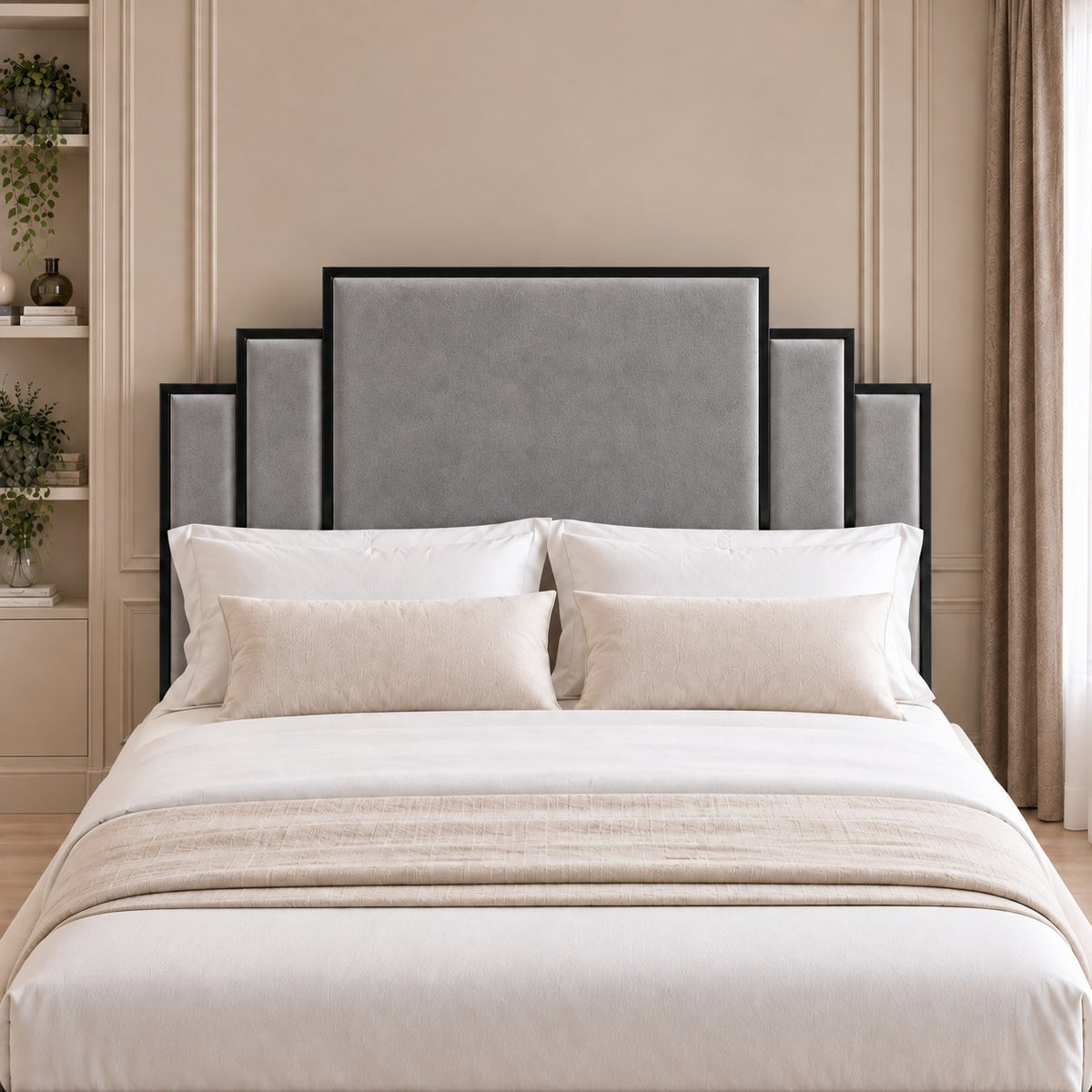 Menaggio bed in grey with black metal frame, headboard close-up