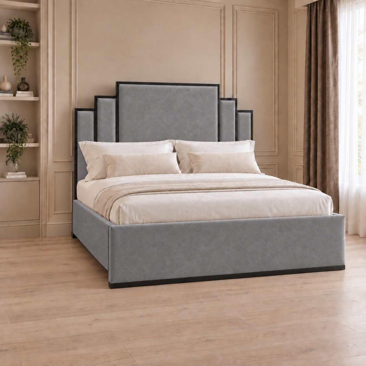Menaggio bed in grey with black metal frame, side view