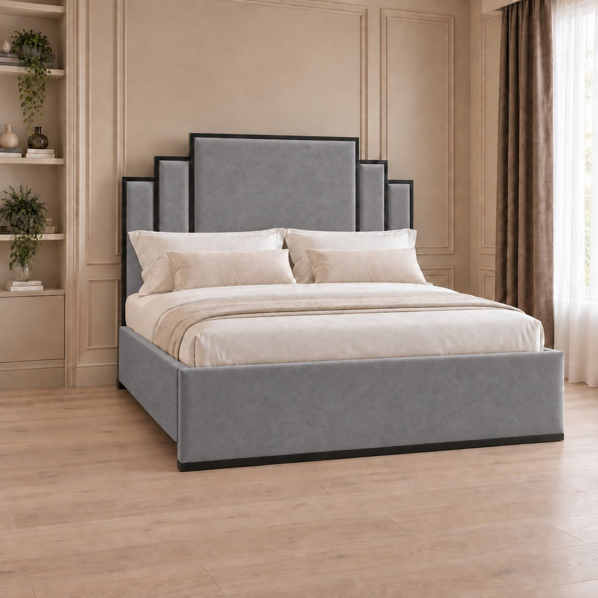 Menaggio bed in grey with black metal frame, side view