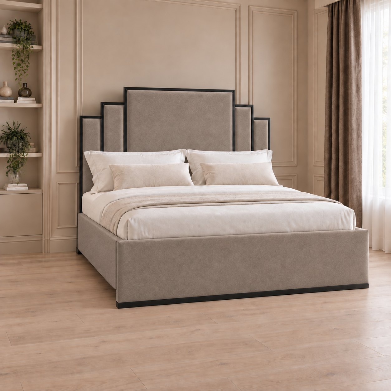 Menaggio bed in pebble with black metal frame, side view
