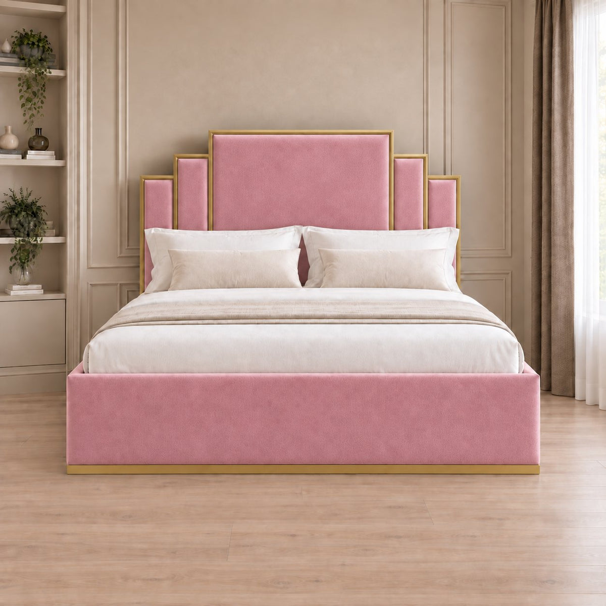 Menaggio bed in pink with gold metal frame, front view