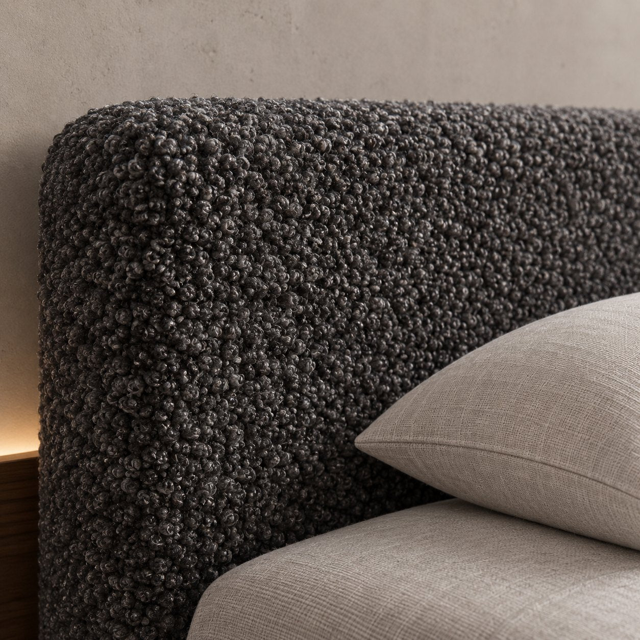 Merano bed in granite bouclé, headboard close-up