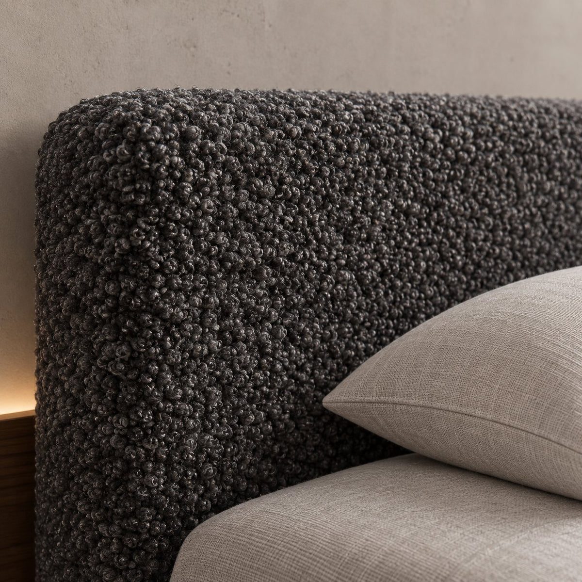 Merano bed in granite bouclé, headboard close-up
