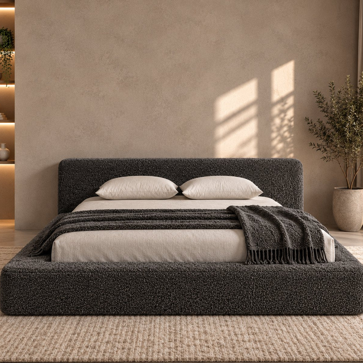 Merano bed in granite bouclé, front view