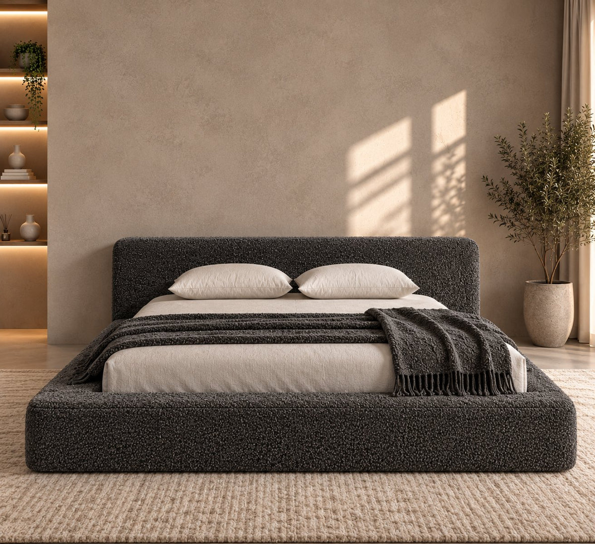 Merano bed in granite bouclé, front view