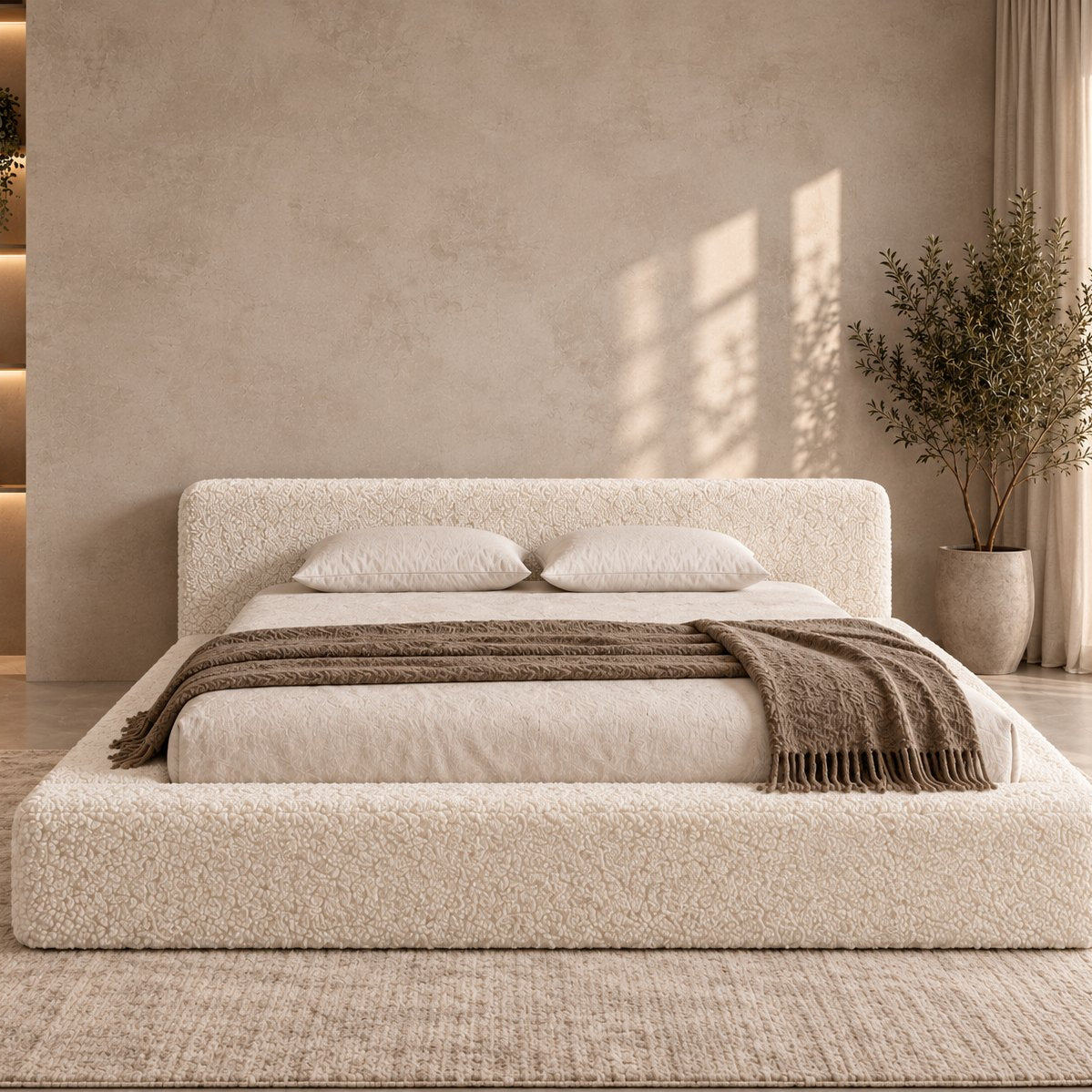Merano bed in ivory bouclé, front view