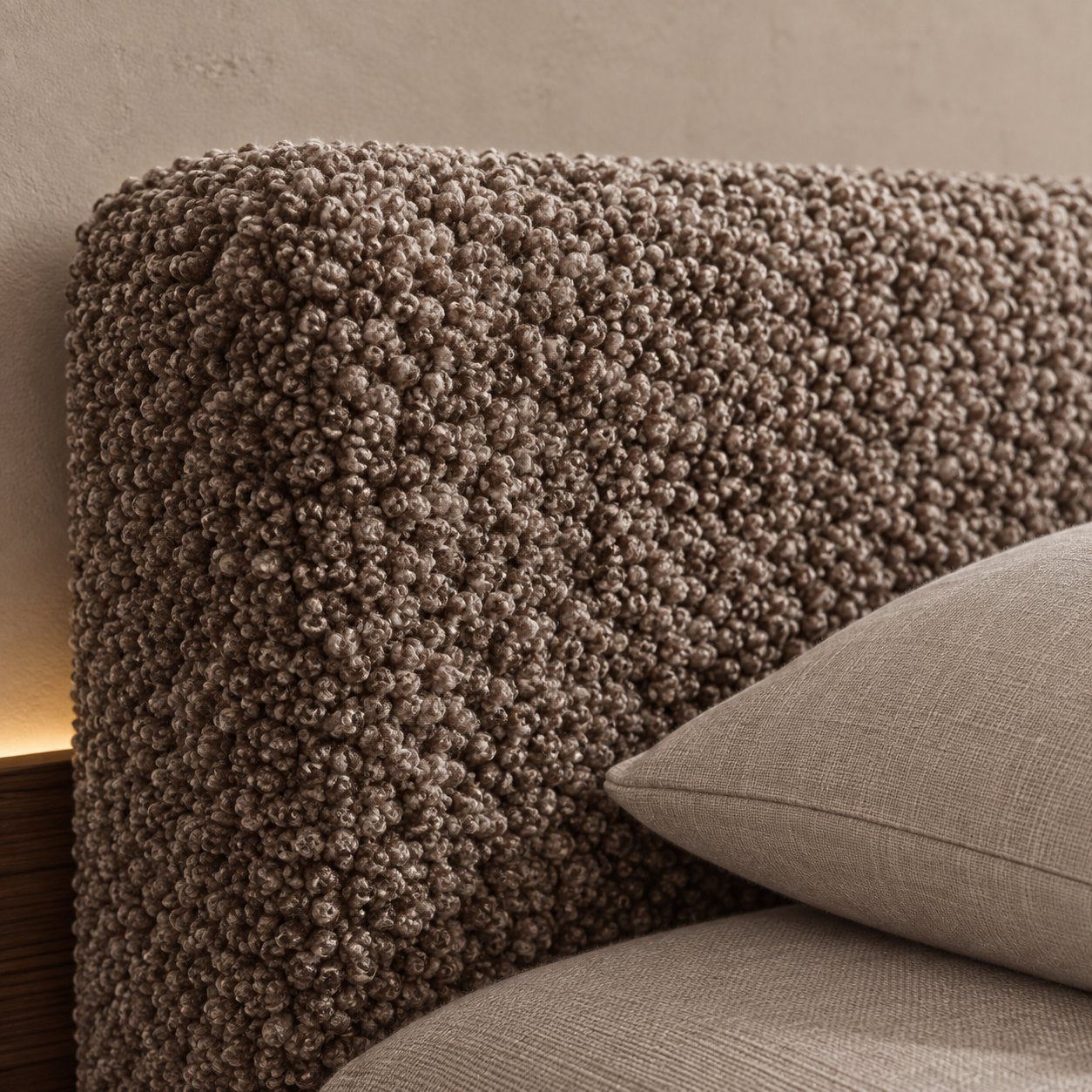 Merano bed in truffle bouclé, headboard close-up