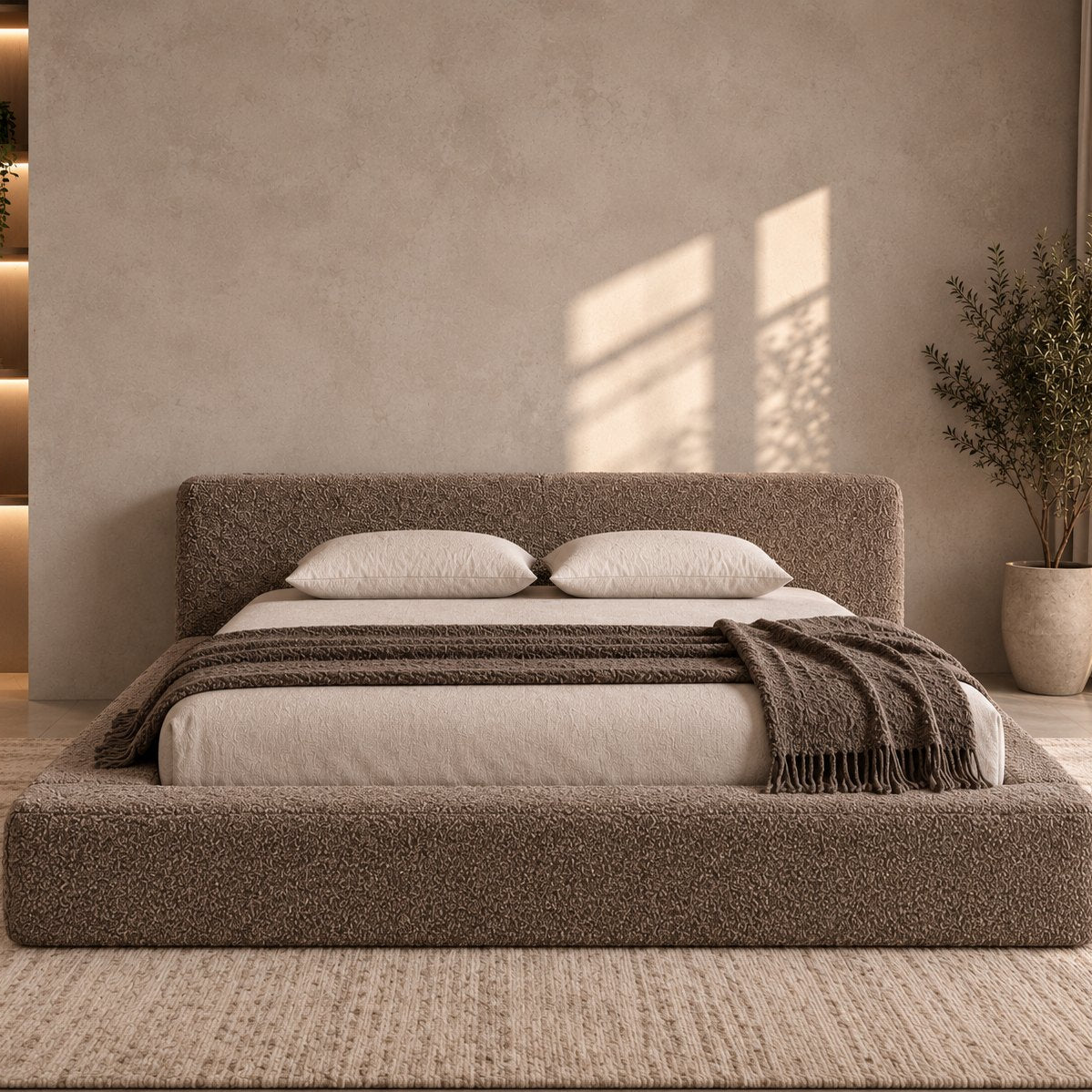 Merano bed in truffle bouclé, front view