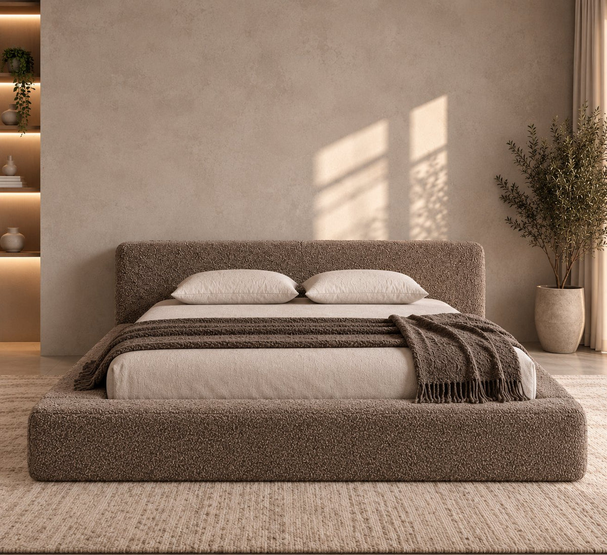Merano bed in truffle bouclé, front view