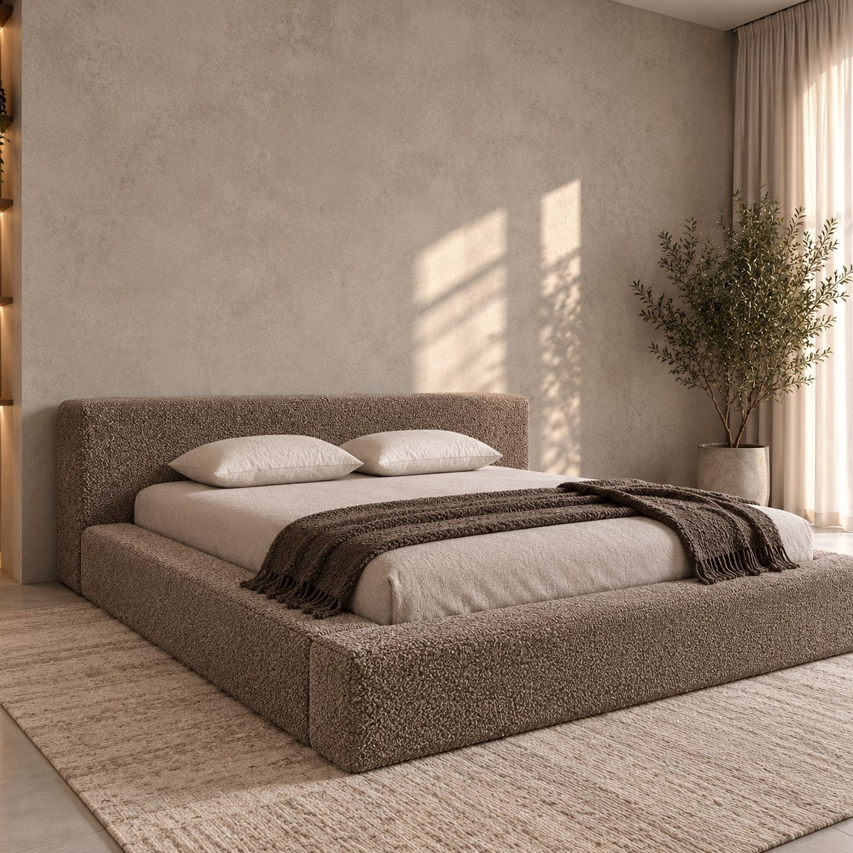 Merano bed in truffle bouclé, side view