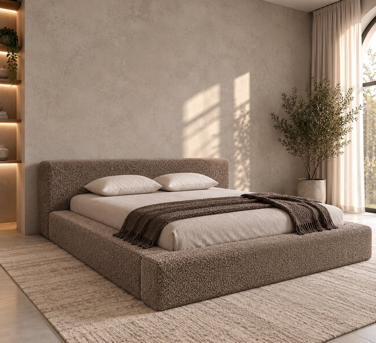 Merano bed in truffle bouclé, side view