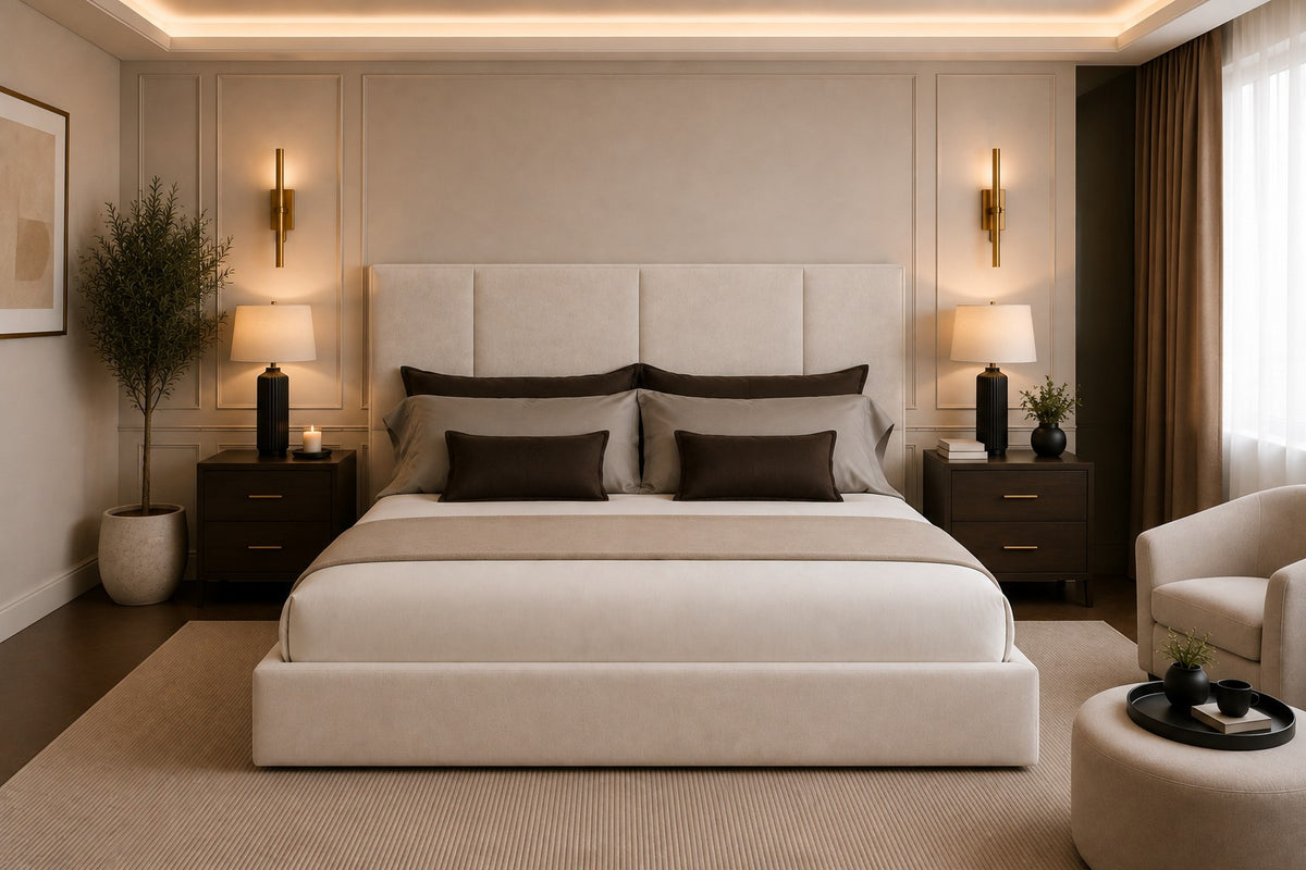 Milano Wide Block Panelled Tall Headboard Upholstered Bed Frame