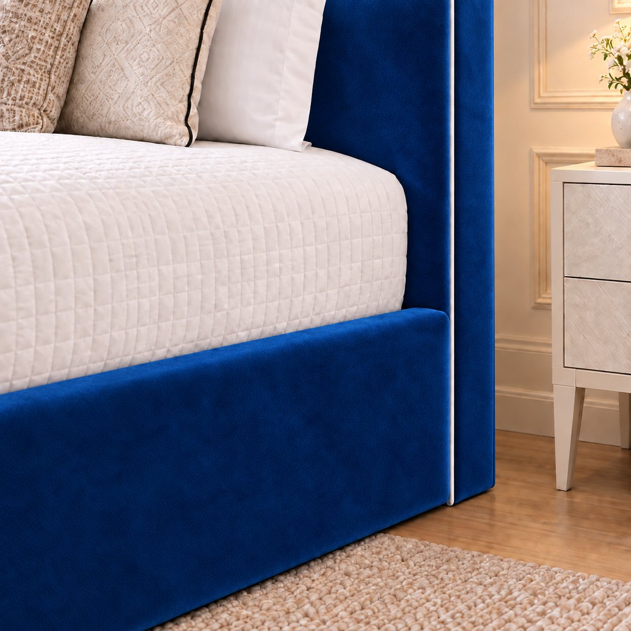 Noli bed in blue, headboard close-up