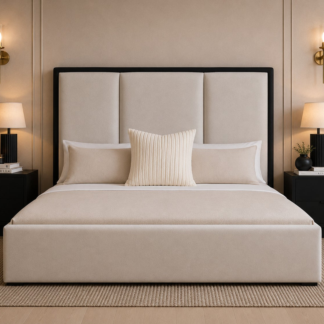 Orvieto Contrast Framed Three Panel Tall Headboard Upholstered Bed Frame