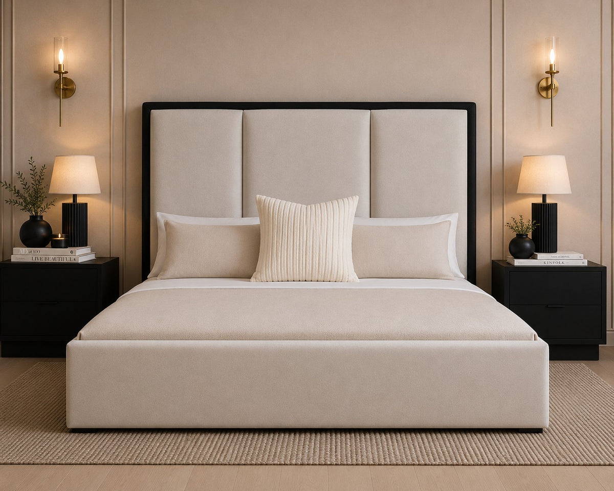 Orvieto Contrast Framed Three Panel Tall Headboard Upholstered Bed Frame
