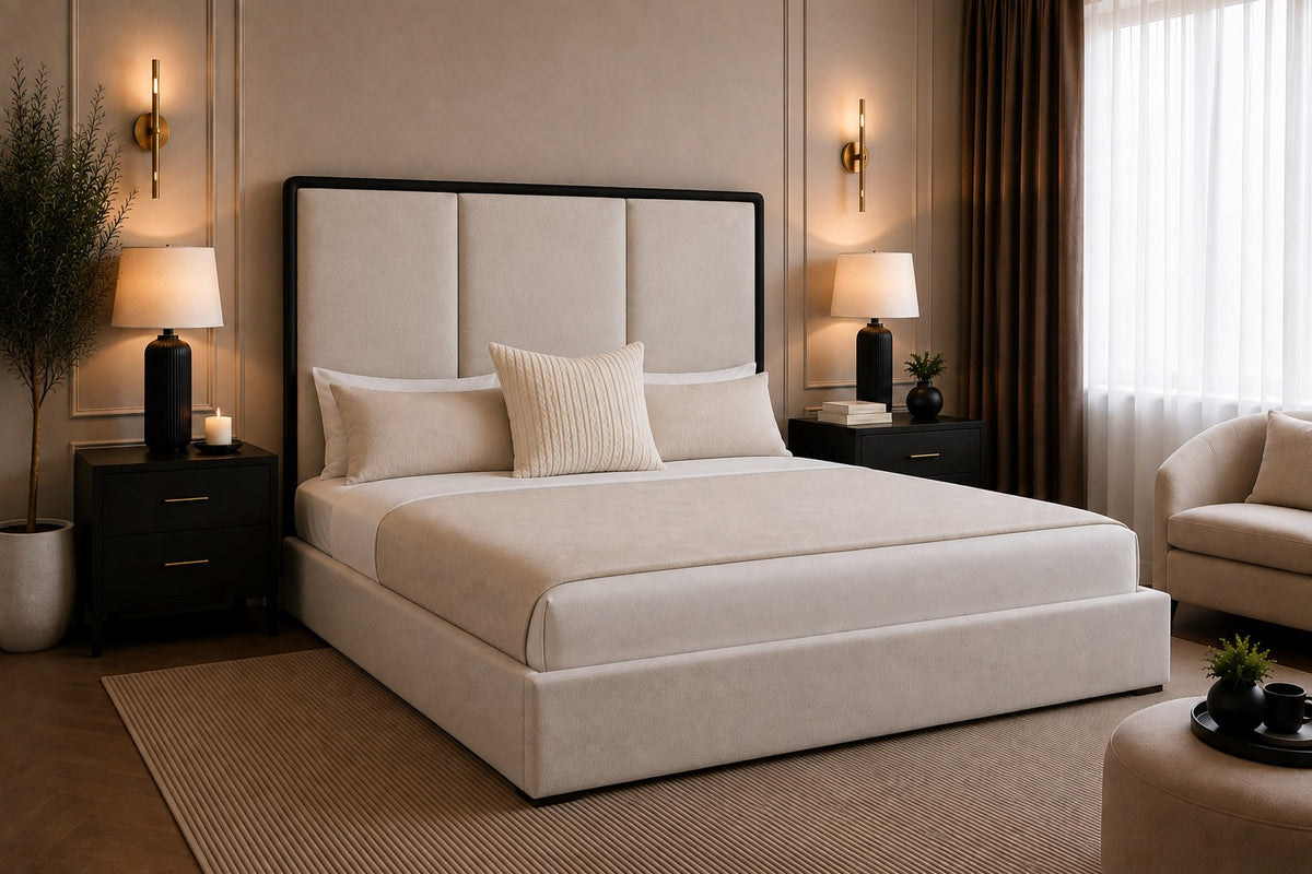 Orvieto Contrast Framed Three Panel Tall Headboard Upholstered Bed Frame