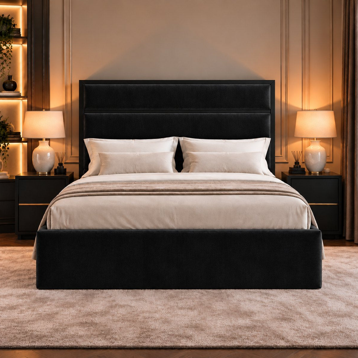Otranto bed in black with black metal frame, front view