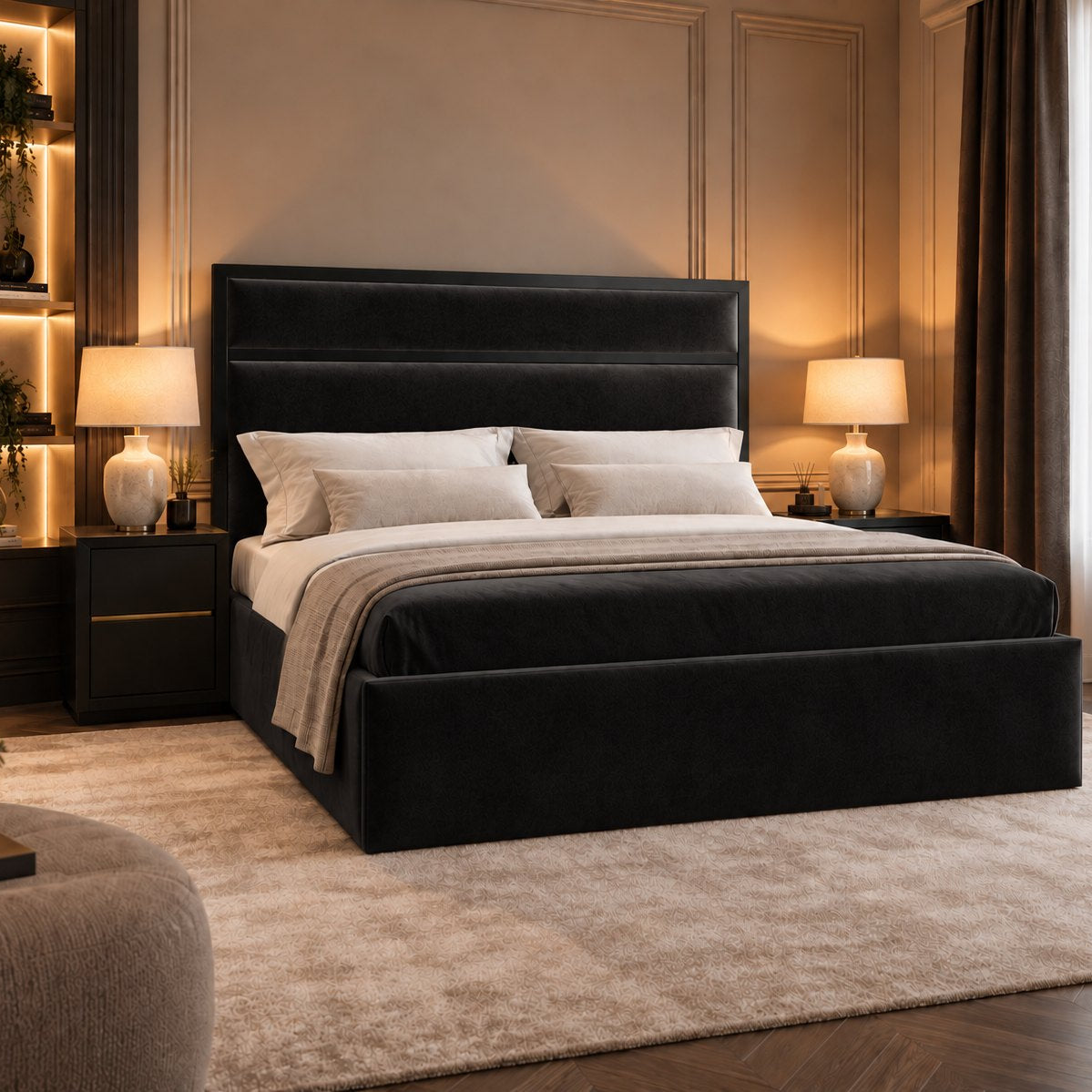 Otranto bed in black with black metal frame, side view