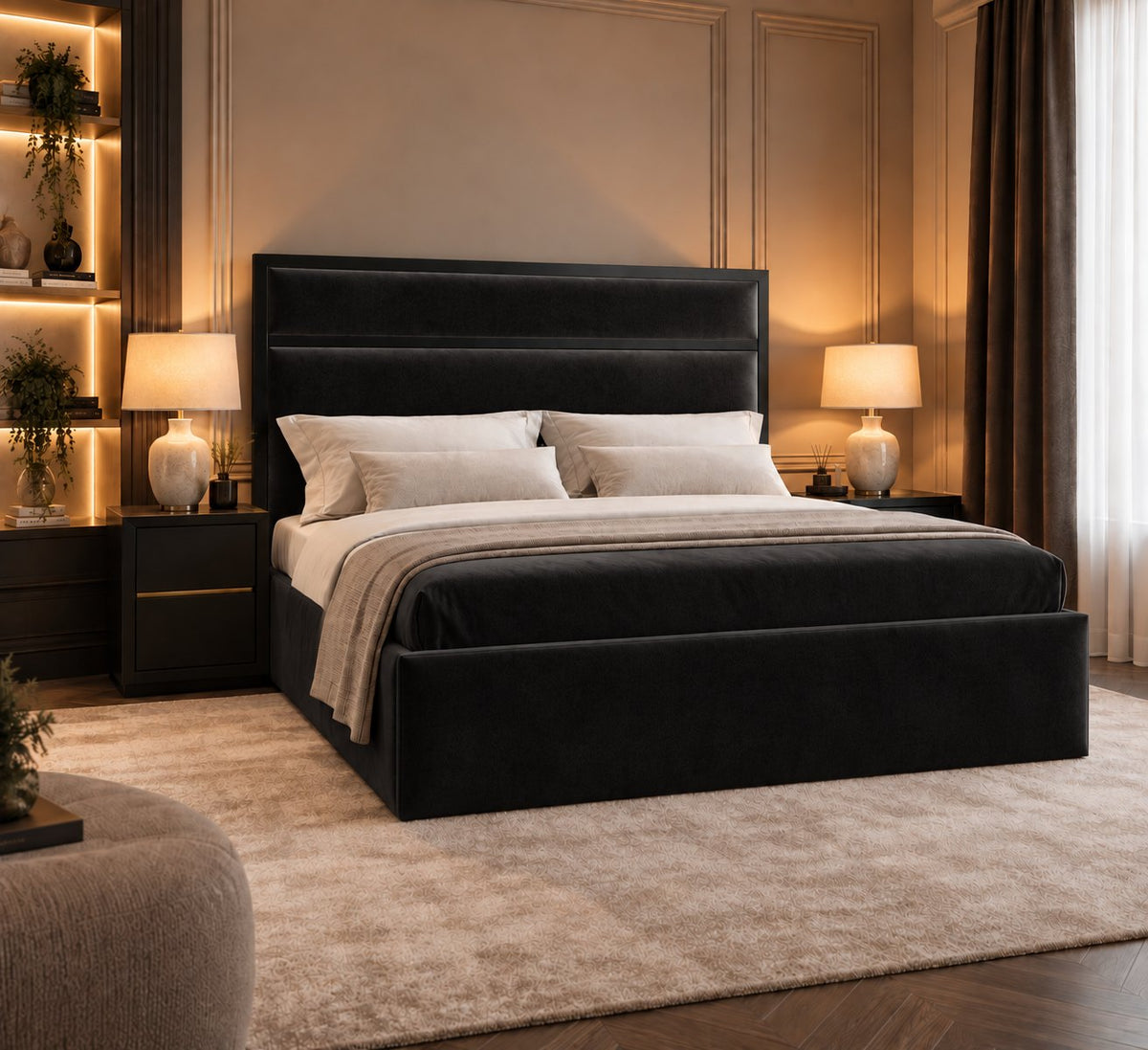 Otranto bed in black with black metal frame, side view
