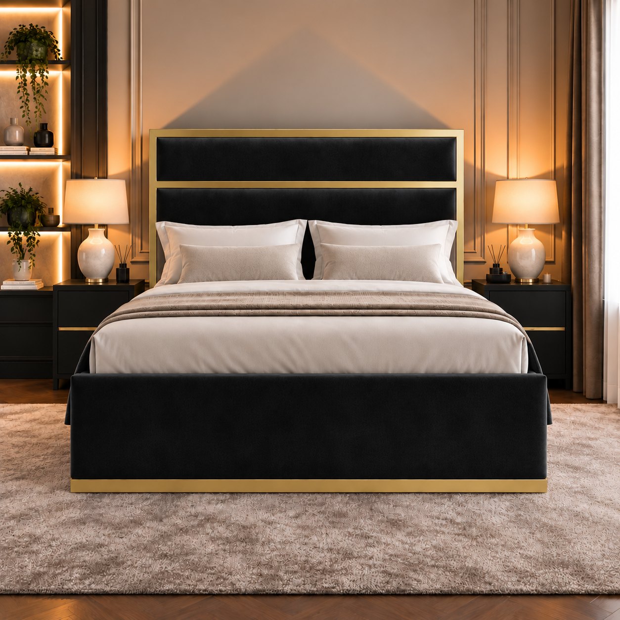 Otranto bed in black with gold metal frame, front view