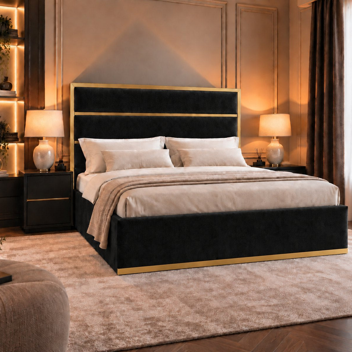 Otranto bed in black with gold metal frame, alternative side view