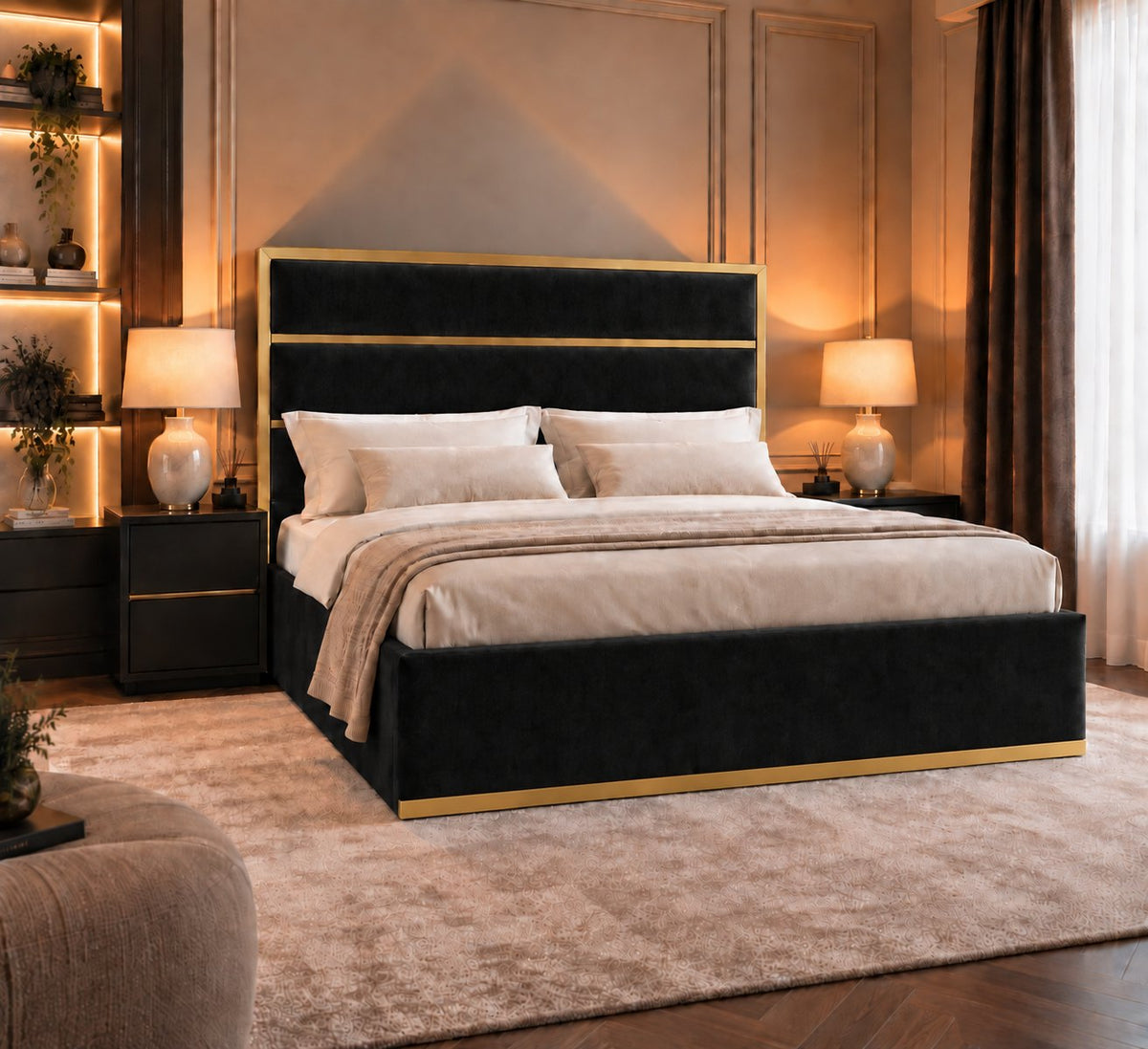 Otranto bed in black with gold metal frame, alternative side view