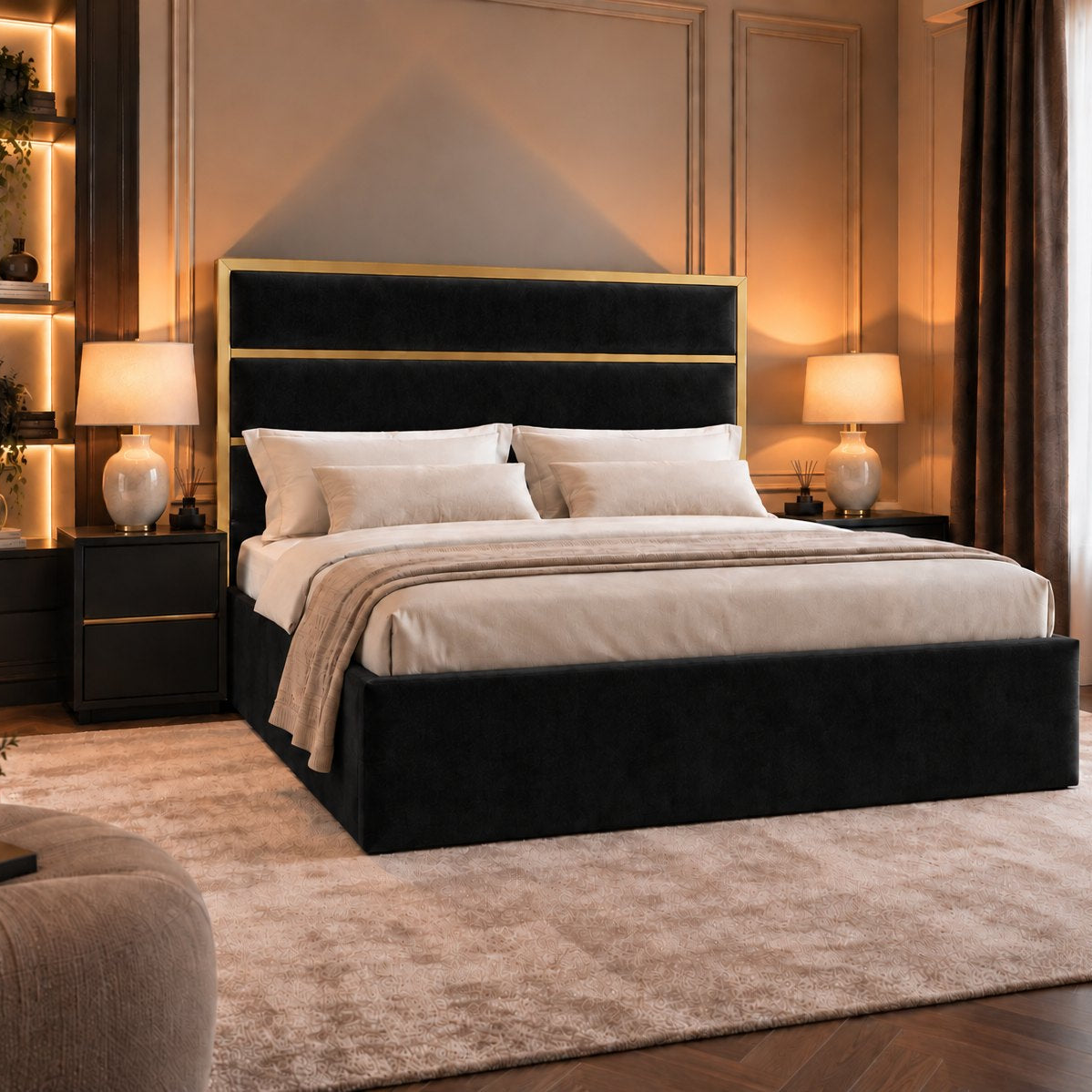 Otranto bed in black with gold metal frame, side view