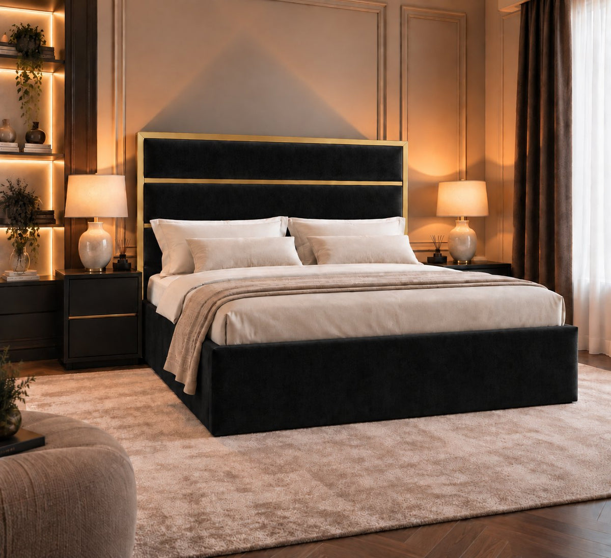 Otranto bed in black with gold metal frame, side view