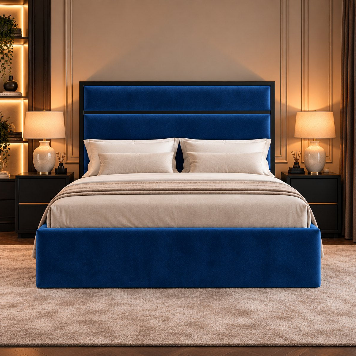 Otranto bed in blue with black metal frame, front view
