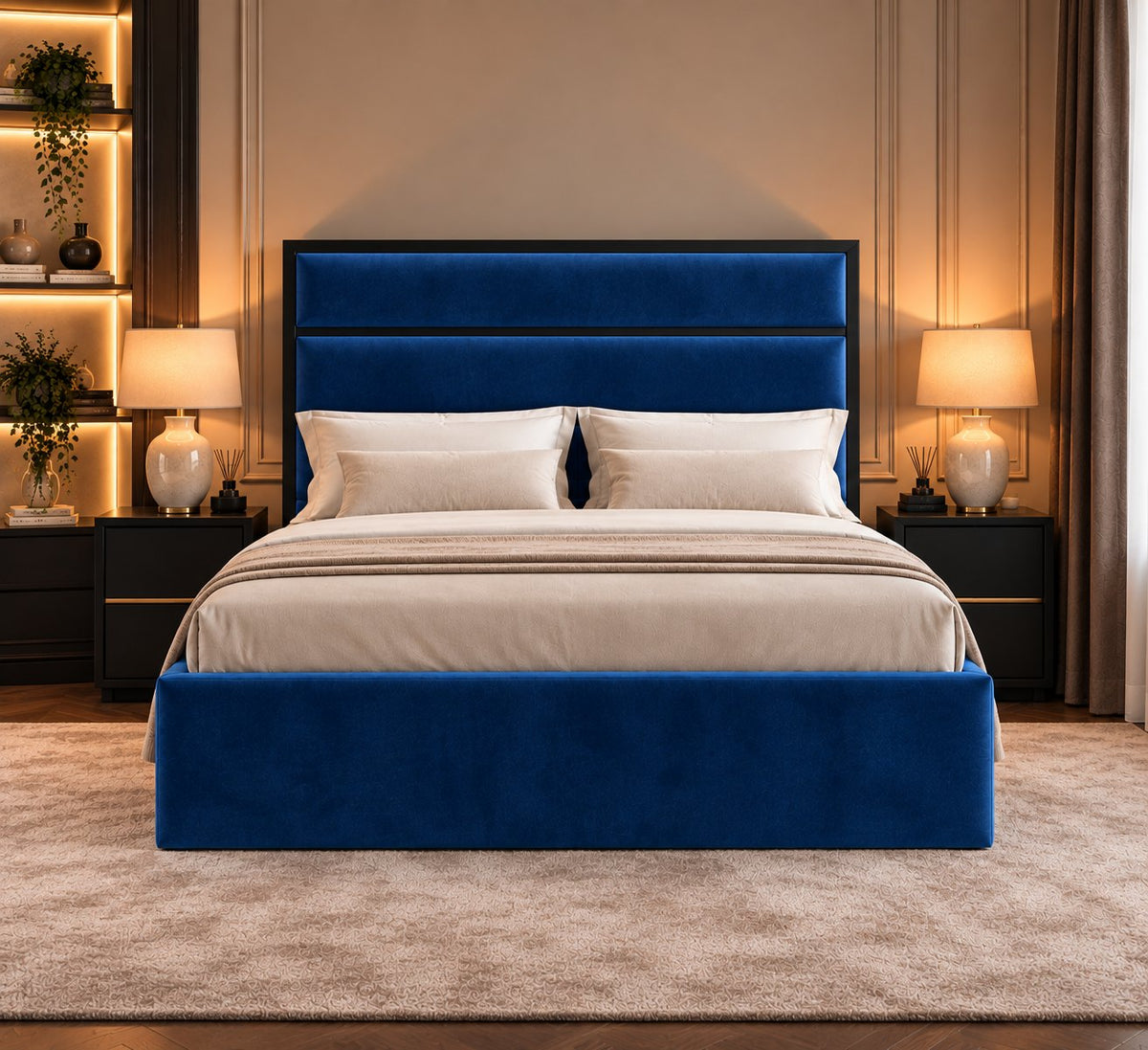 Otranto bed in blue with black metal frame, front view