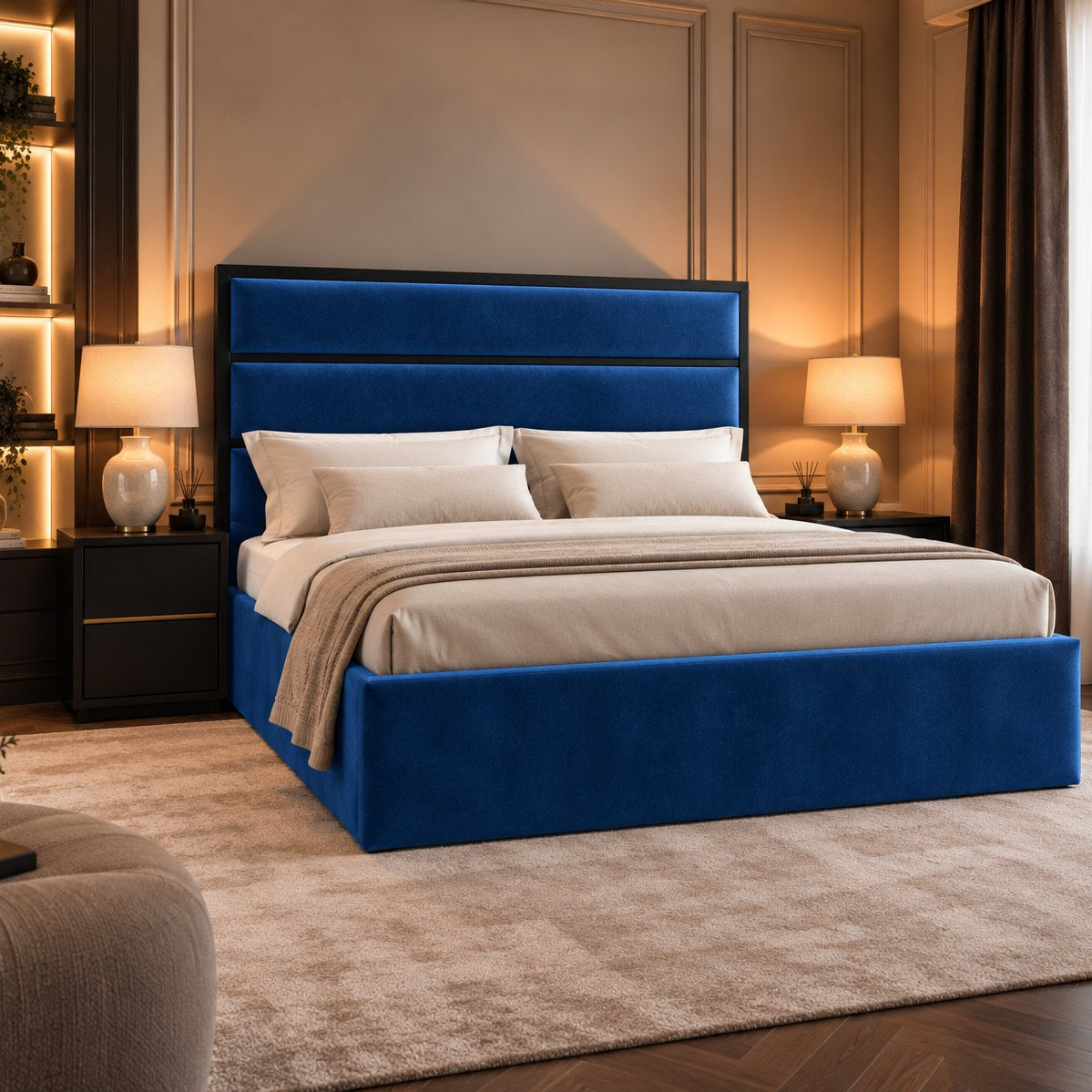 Otranto bed in blue with black metal frame, side view