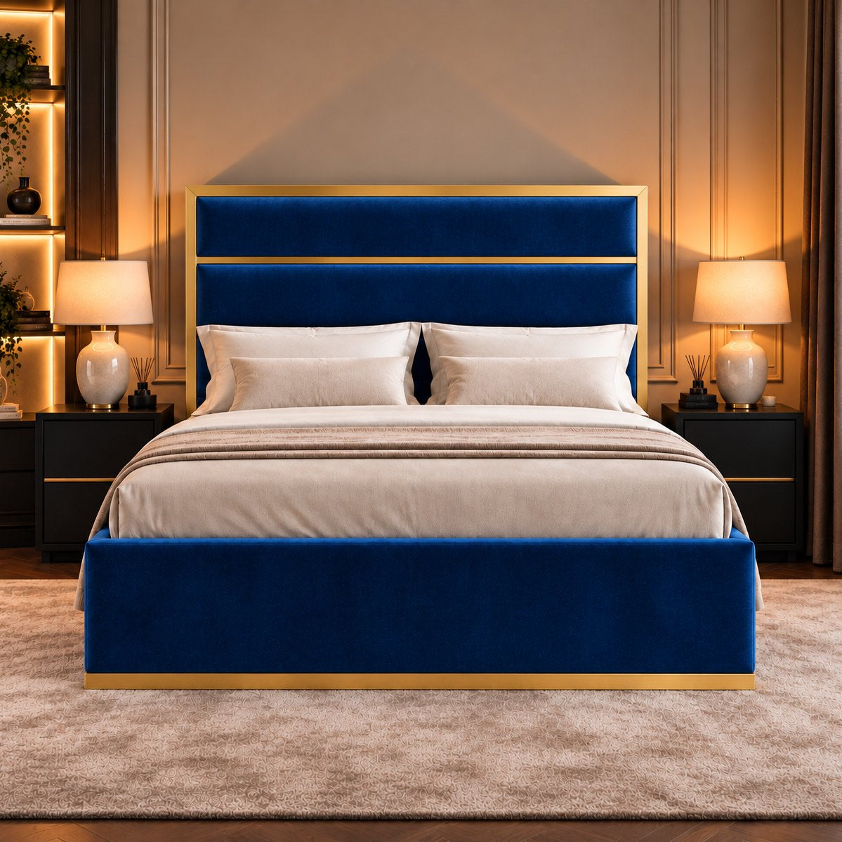 Otranto bed in blue with gold metal frame, front view
