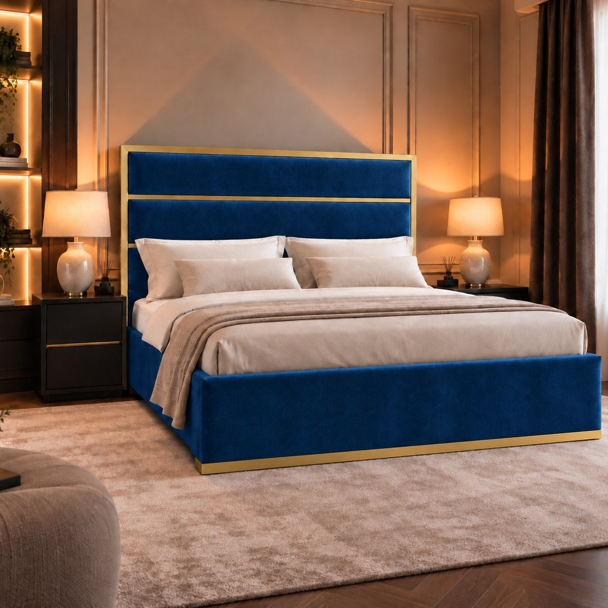 Otranto bed in blue with gold metal frame, alternative side view