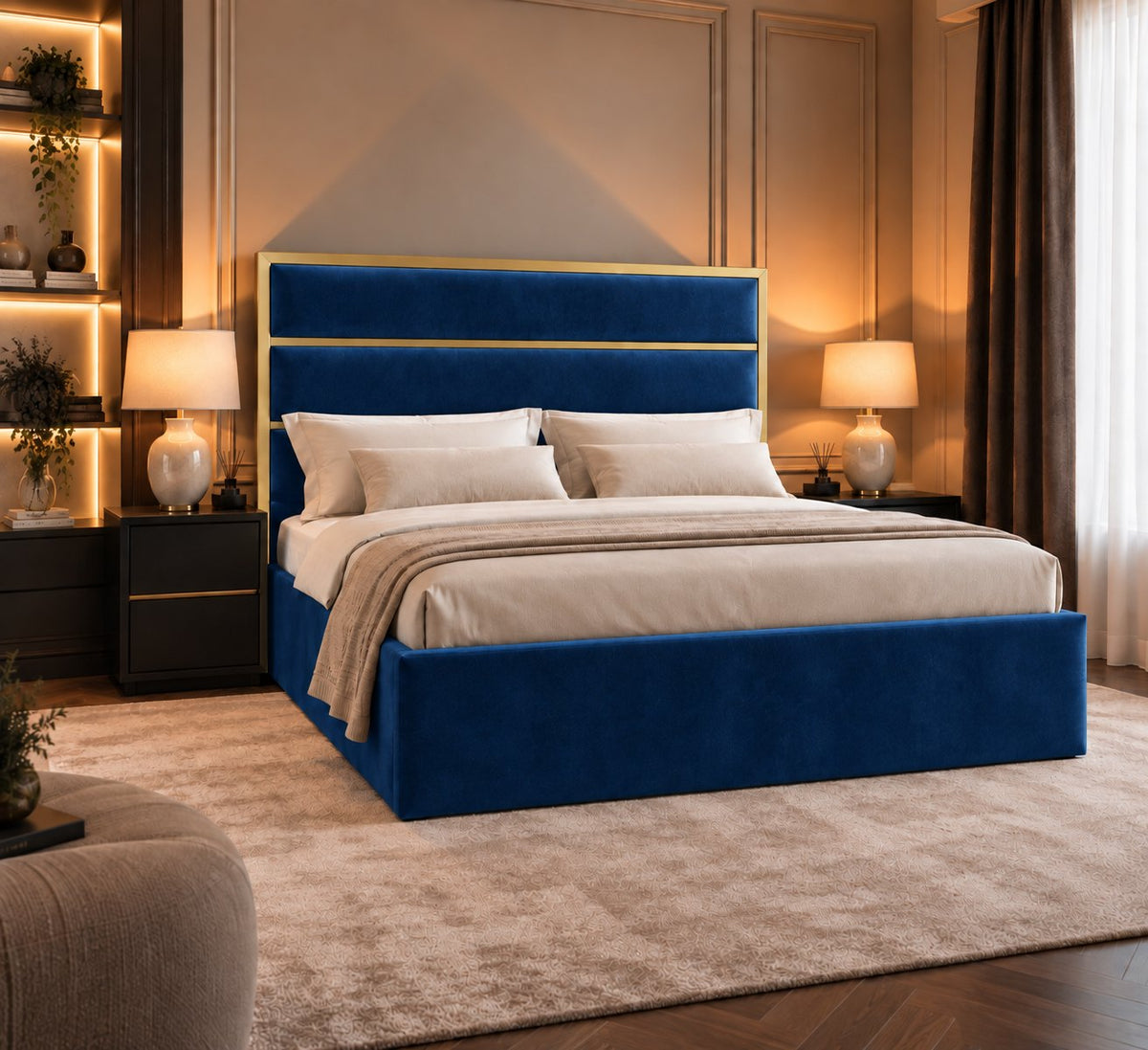 Otranto bed in blue with gold metal frame, side view