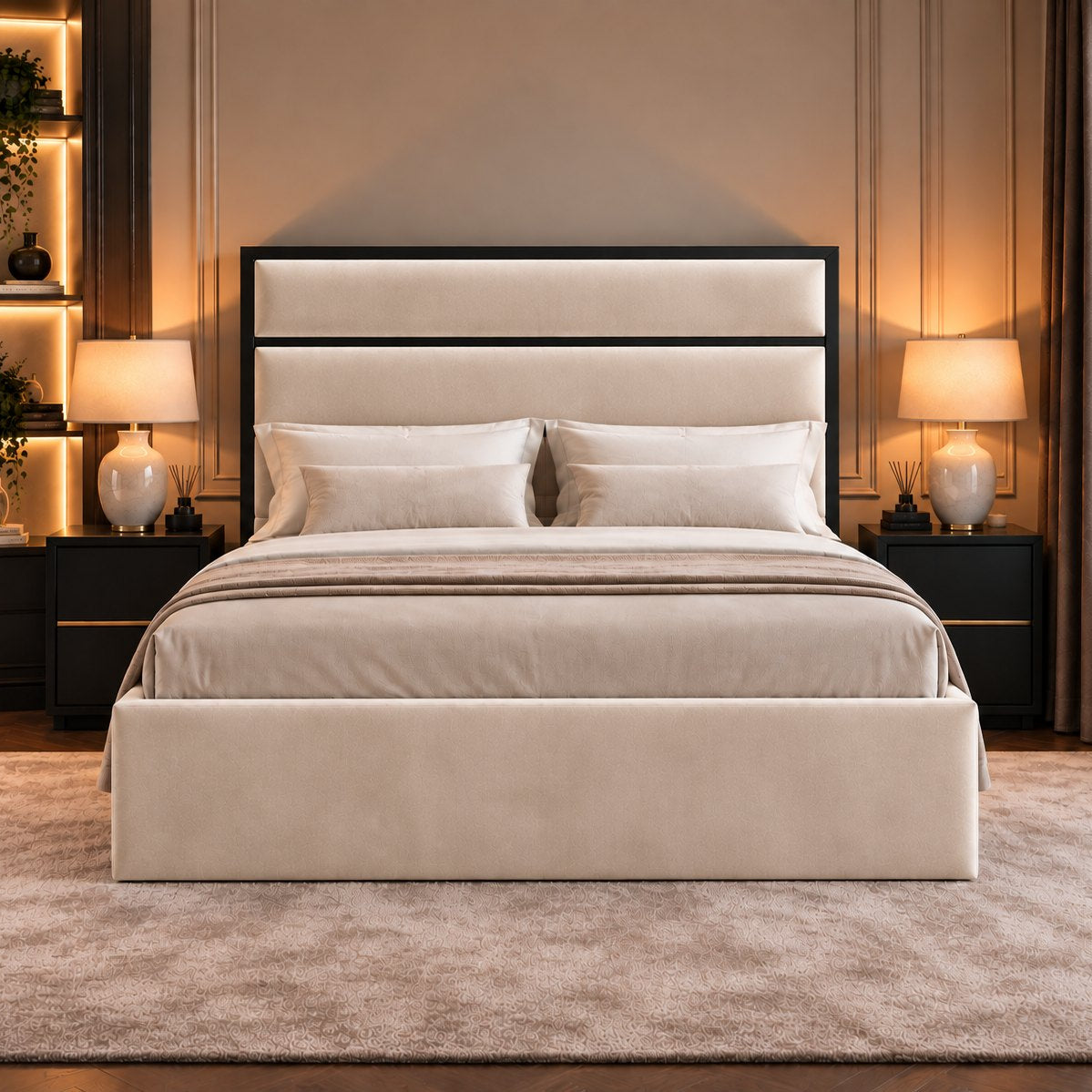 Otranto bed in cream with black metal frame, front view