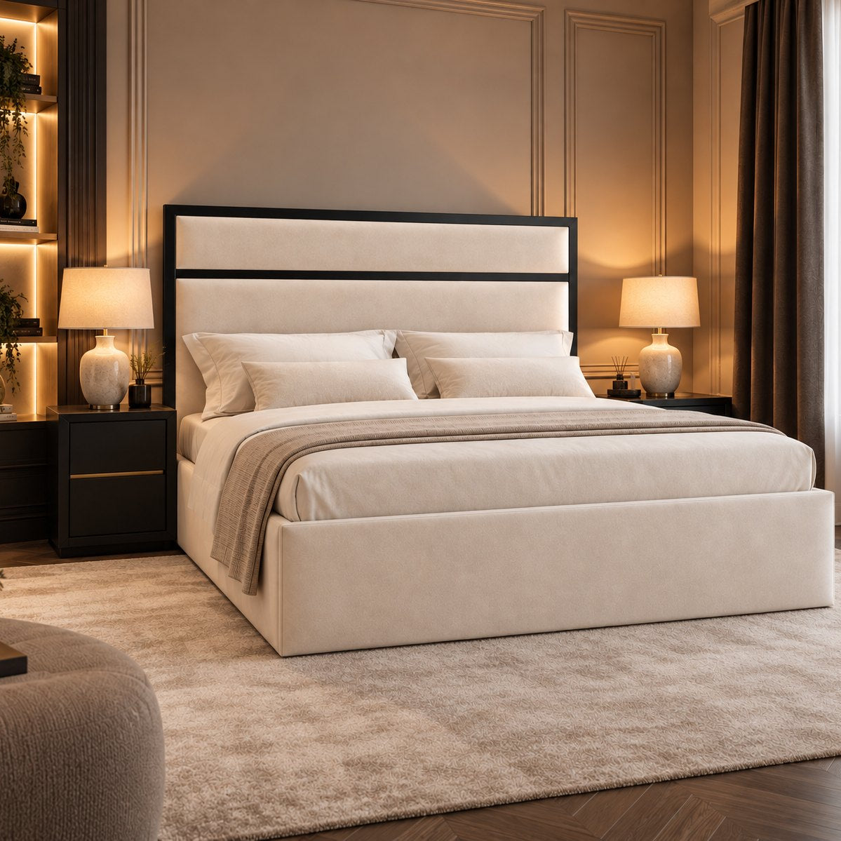 Otranto bed in cream with black metal frame, side view