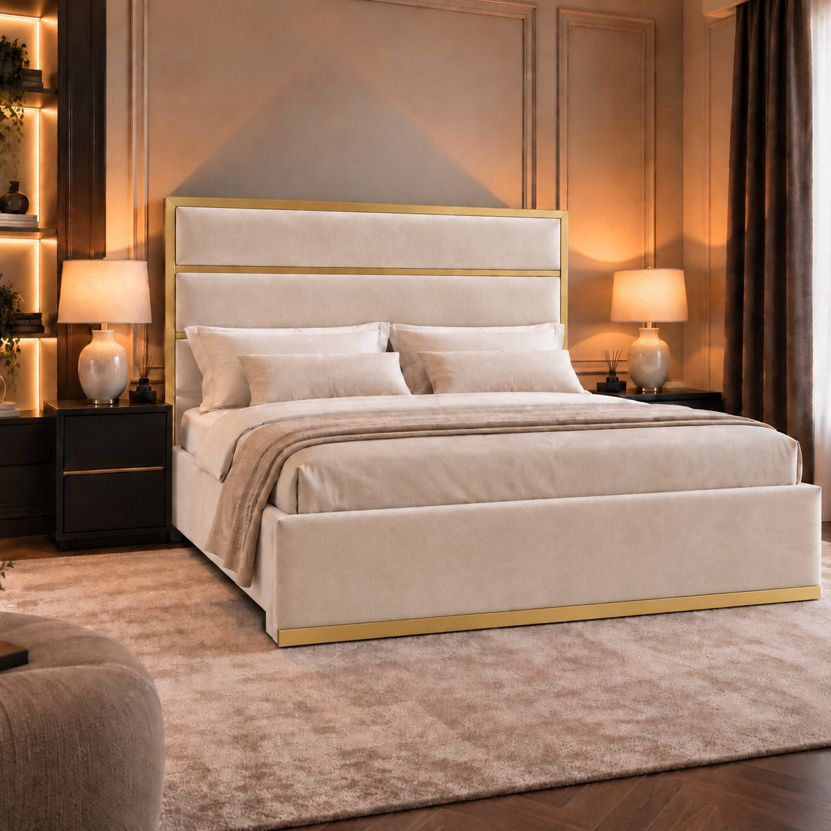 Otranto bed in cream with gold metal frame, alternative side view