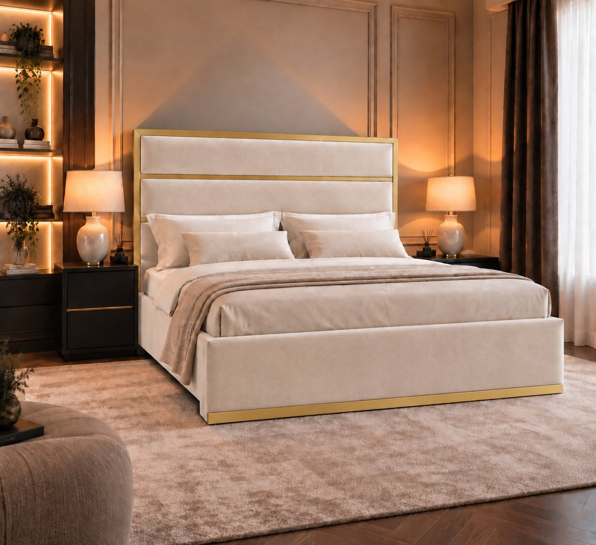 Otranto bed in cream with gold metal frame, alternative side view